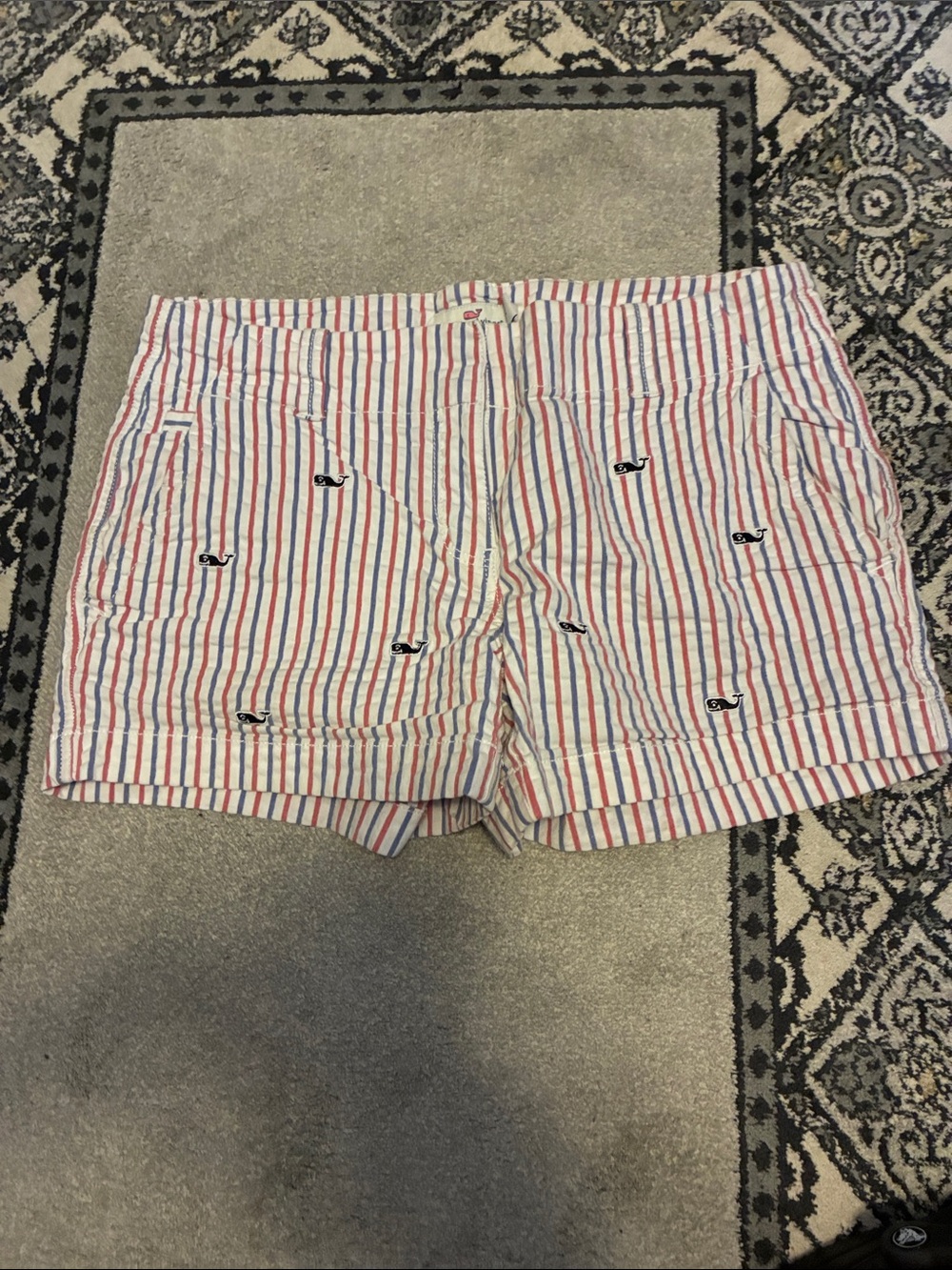 Vineyard Vines Red, Blue & White Striped Whale Embroidered Bermudas